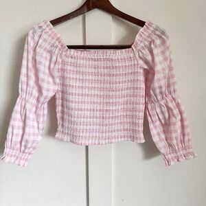 Gingham Smocked Cropped Blouse Puff Sleeves Pink and White Sz XS